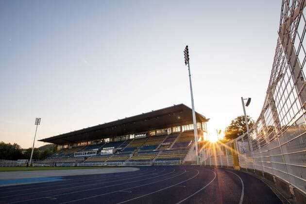 Test match third division FC Carl Zeiss Jena vs regional league Chemnitzer FC CFC on 17 7 18 in the Ernst Abbe sports field Jena View of the main stand of the Ernst Abbe sports field Jena in the sunset Ernst Abbe sports field