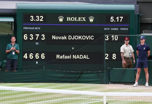 Novak Djokovic and Rafael Nadal match score on the scoreboard scoreboard Copyright: xJuergenxHasenkopfx