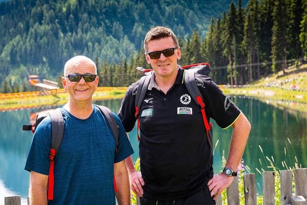 18 07 2018 xovx Handball HBL HSG Wetzlar Training camp in Kappl emspor v l Trainer Kai Wandschneider HSG Wetzlar and Co Trainer Jasmin Camdzic HSG Wetzlar am Dias amusement park and lake at 1830 meters at the mountain station of the Dias mountain railway in Kappl in the Paznaun Valley in Tyrol Austria Kappl