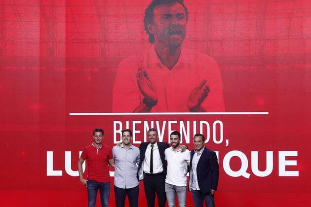 National soccer team of Spain new coach Luis Enrique Martinez (c) with his staff technical Robert Moreno, second coach (2l); Rafael Pol, physical trainer (2r); Jesus Casas, analyst and scout (l) and Joaquin Valdes, psychologist during their official presentation. July 19,2018.  (2018071951)