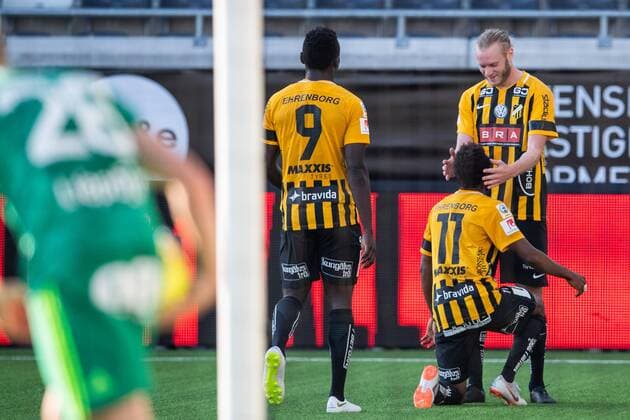 180719 Alexander Angelin and Nasiru Mohammed of Häcken celebrates after Nasiru scored 1 1 during the first round second leg qualifying match between Häcken and Liepaja on July 19, 2018 in Gothenburg  Copyright: MATHIASxBERGELD BB180719MB005