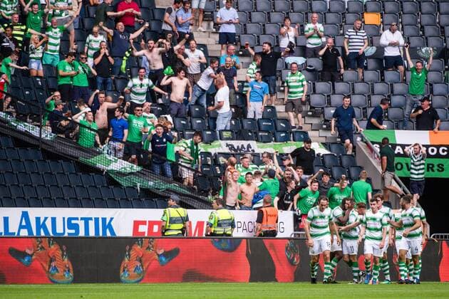 180719 Players and fans of Shamrock Rovers celebrate the 0 1 goal during the UEFA Europa League 1st Qualifying Round Second Leg match between AIK and Shamrock Rovers on July 19, 2018 in Stockholm  Copyright: SIMONxHASTEGRD BB180719SH006