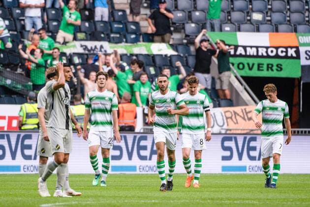 180719 Samuel Bone Roberto Lopes and Ronan Finn celebrates the 0 1 goal during the UEFA Europa League 1st Qualifying Round Second Leg match between AIK and Shamrock Rovers on July 19, 2018 in Stockholm  Copyright: SIMONxHASTEGRD BB180719SH007