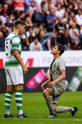 180719 Lee Grace of Shamrock Rovers and Tarik Elyounoussi or AIK during the UEFA Europa League 1st Qualifying Round Second Leg match between AIK and Shamrock Rovers on July 19, 2018 in Stockholm  Copyright: SIMONxHASTEGRD BB180719SH008