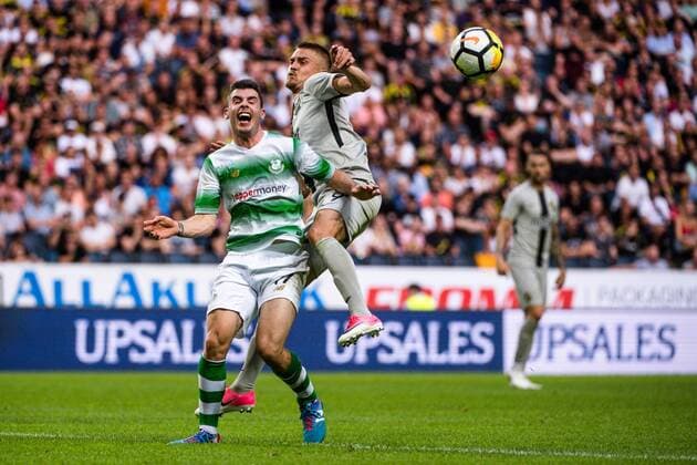 180719 Joel Coustrain or Shamrock Rovers and Rasmus Lindkvist of AIK during the UEFA Europa League 1st Qualifying Round Second Leg match between AIK and Shamrock Rovers on July 19, 2018 in Stockholm  Copyright: SIMONxHASTEGRD BB180719SH010
