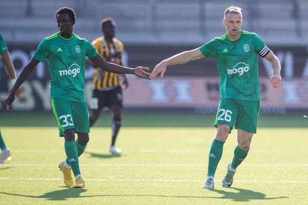 180719 Lamin Abou Bakr Seydina Keita and Deniss Ivanovs celebrates after Sady El Hadji Gueye not pictured of Liepaja scored 0 1 during the first round second leg qualifying match between Häcken and Liepaja on July 19, 2018 in Gothenburg  Copyright: MATHIASxBERGELD BB180719MB008
