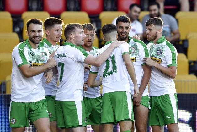 UEFA Europa League First Qualifying Round second leg in Farum, north of Copenhagen. Joe Gormley, Cliftonville FC (second from right) celebrates his goal with teammates Thursday July 19, 2018. , Denmark  Copyright: AndersxKjaerbyex-xRitzau Scanpixx COP102 spdk20180719-194529-L