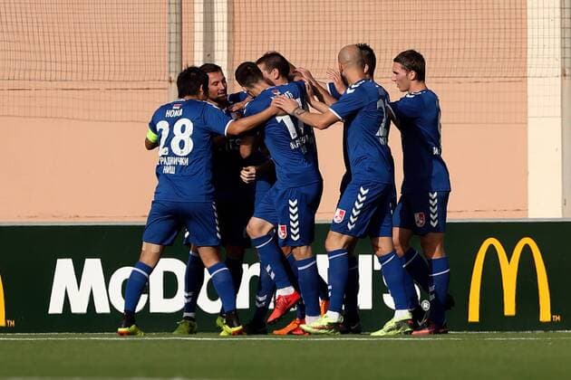19 07 2018 - Centenary Stadium, Ta Qali, Malta UEFA Europa League 2018 2019 First Qualifying Round, 2nd Leg FK RadniÄki NiÅ¡ celebrate scoring during the UEFA Europa League, First Round, second leg match between Gzira United FC of Malta and FK RadniÄki NiÅ¡ of Serbia, at the Centenary Stadium, Ta Qali, Malta on 19 July 2018. UEFA Europa League - Gzira United FC v FK RadniÄki NiÅ¡ UEL_18_19