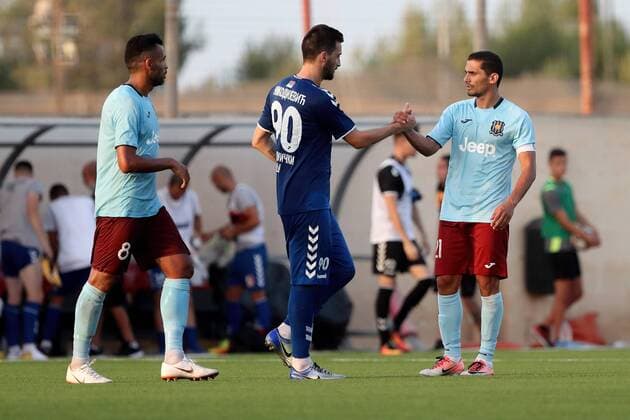 19 07 2018 - Centenary Stadium, Ta Qali, Malta UEFA Europa League 2018 2019 First Qualifying Round, 2nd Leg Roderick Briffa (C) of Gzira United shakes hands with Sladan NikodijeviÄ‡ (C) of FC FK RadniÄki NiÅ¡ after the UEFA Europa League, First Round, second leg match between Gzira United FC of Malta and FK RadniÄki NiÅ¡ of Serbia, at the Centenary Stadium, Ta Qali, Malta on 19 July 2018. UEFA Europa League - Gzira United FC v FK RadniÄki NiÅ¡ UEL_18_19