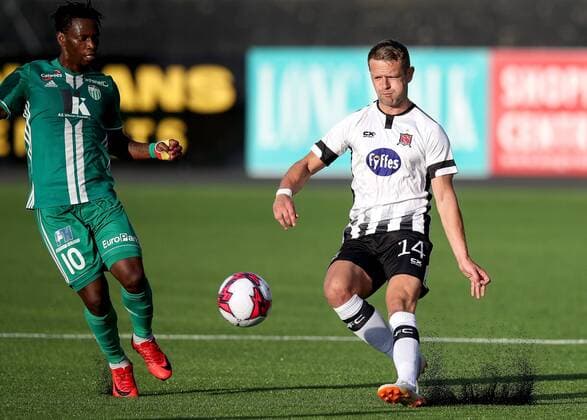 UEFA Europa League First Qualifying Round Second Leg, Oriel Park, Co. Louth 19 7 2018 Dundalk vs Levadia Tallinn Dundalk s Dane Massey and Aime Marcelin Gando Biala of Levadia Tallinn Dane Massey and Aime Marcelin Gando Biala 19 7 2018  Copyright: x©INPHO RyanxByrnex RB2_5333