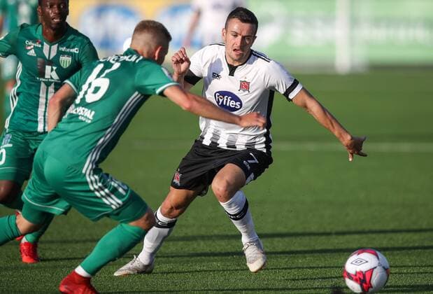 UEFA Europa League First Qualifying Round Second Leg, Oriel Park, Co. Louth 19 7 2018 Dundalk vs Levadia Tallinn Dundalk s Michael Duffy and Markus Jurgensonof Levadia Tallinn Michael Duffy and Markus Jurgensonof 19 7 2018  Copyright: x©INPHO RyanxByrnex RB2_5356