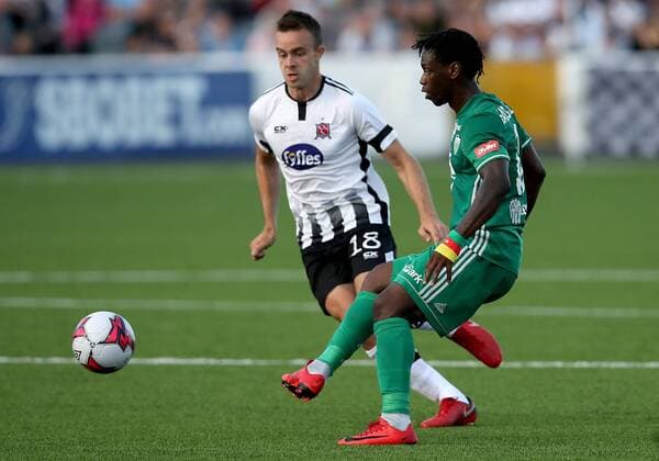 UEFA Europa League First Qualifying Round Second Leg, Oriel Park, Co. Louth 19 7 2018 Dundalk vs Levadia Tallinn Dundalk s Robbie Benson with Aime Marcelin Gando Biala of Levadia Tallinn Robbie Benson with Aime Marcelin Gando Biala 19 7 2018  Copyright: x©INPHO RyanxByrnex RB2_5575