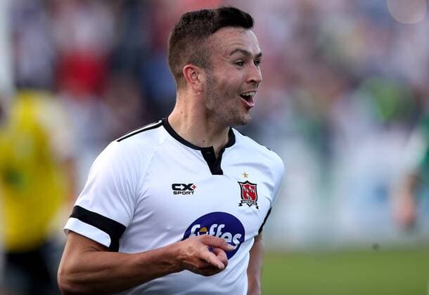 UEFA Europa League First Qualifying Round Second Leg, Oriel Park, Co. Louth 19 7 2018 Dundalk vs Levadia Tallinn Dundalk s Michael Duffy celebrates his goal Michael Duffy celebrates his goal 19 7 2018  Copyright: x©INPHO RyanxByrnex RB2_5753