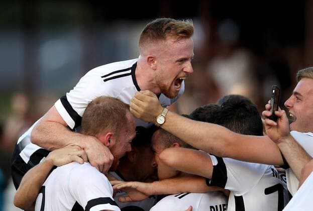 UEFA Europa League First Qualifying Round Second Leg, Oriel Park, Co. Louth 19 7 2018 Dundalk vs Levadia Tallinn Dundalk s Sean Hoare celebrates Michael Duffy s goal Sean Hoare celebrates Michael Duffy s goal 19 7 2018  Copyright: x©INPHO RyanxByrnex RB2_5805