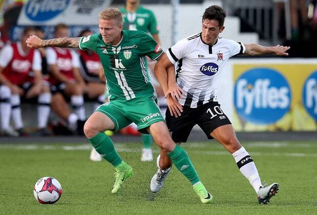UEFA Europa League First Qualifying Round Second Leg, Oriel Park, Co. Louth 19 7 2018 Dundalk vs Levadia Tallinn Dundalk s Jamie McGrath with Yuriy Tkachuk of Levadia Tallinn Jamie McGrath with Yuriy Tkachuk 19 7 2018  Copyright: x©INPHO RyanxByrnex RB2_5944