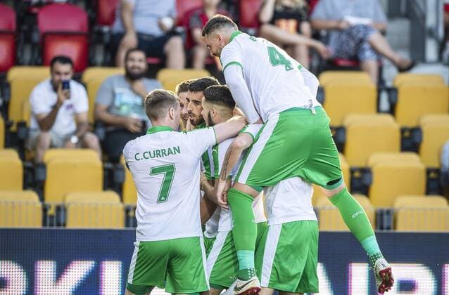 Joe Gormley (19), Cliftonville FC, and teammates celebrates the goal for 0-1, during the UEFA Europa League first qualifying round, 2nd leg match in Farum, Denmark. Thursday July 19. 2018.. , Farum Denmark  Copyright: AndersxKjaerbyex-xRitzau Scanpix AndersxKjaerbyex COP102 spdk20180719-203416-L