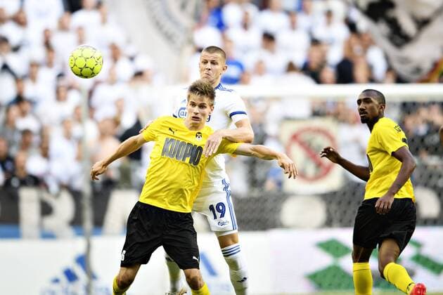 Denis Vavro (19) of FC Koebenhavn and Saku Savolainen (6) of Kuopion Palloseura of Finland, during the UEFA Europa League first qualifying round, 2nd leg match at Parken Stadium in Copenhagen, Denmark. Thursday July 19. 2018.. , Copenhagen Denmark  Copyright: PhilipxDavali PhilipxDavalix COP101 spdk20180719-210550-L