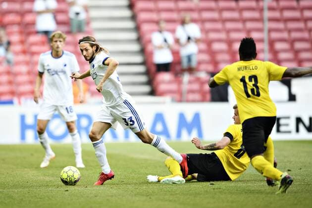 Rasmus Falk (33) of FC Koebenhavn and Luis Carlos Murillo (13) and Petteri Pennanen (8) of Kuopion Palloseura of Finland, during the UEFA Europa League first qualifying round, 2nd leg match at Parken Stadium in Copenhagen, Denmark. Thursday July 19. 2018.. , Copenhagen Denmark  Copyright: PhilipxDavali PhilipxDavalix COP101 spdk20180719-210823-L