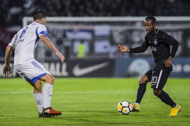 19th July 2018, Partizan Stadium, Belgrade, Serbia; UEFA Europa League football, first qualifying round, 2nd leg, Partizan versus Rudar Pljevlja; Midfielder Seydouba Soumah of Partizan takes on Midfielder Dejan Kotorac of Rudar Pljevlja  ActionPlus12048811 NikolaxKrstic