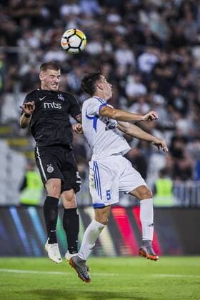 19th July 2018, Partizan Stadium, Belgrade, Serbia; UEFA Europa League football, first qualifying round, 2nd leg, Partizan versus Rudar Pljevlja; Ognjen Ozegovic of Partizan challenges Nemanja Sekulic of Rudar Pljevlja  ActionPlus12048882 NikolaxKrstic