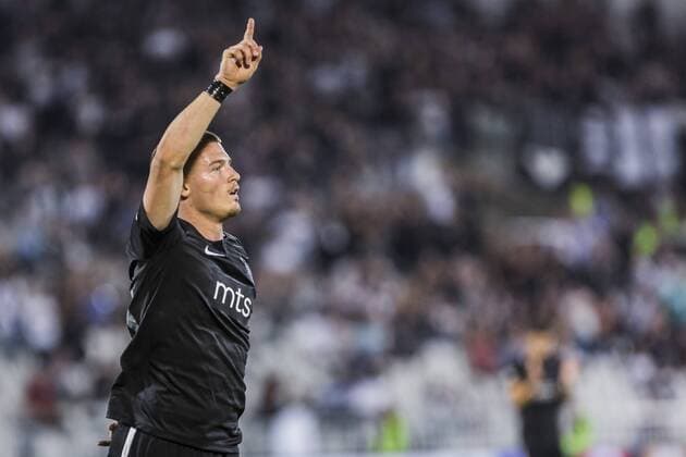 19th July 2018, Partizan Stadium, Belgrade, Serbia; UEFA Europa League football, first qualifying round, 2nd leg, Partizan versus Rudar Pljevlja; Ognjen Ozegovic of Partizan celebrates scoring his goal  ActionPlus12048886 NikolaxKrstic