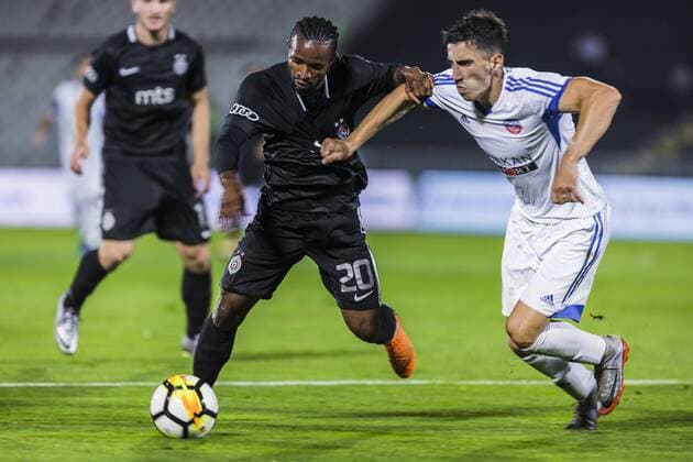 19th July 2018, Partizan Stadium, Belgrade, Serbia; UEFA Europa League football, first qualifying round, 2nd leg, Partizan versus Rudar Pljevlja; Seydouba takes on Nemanja Sekulic of Rudar Pljevlja  ActionPlus12048891 NikolaxKrstic