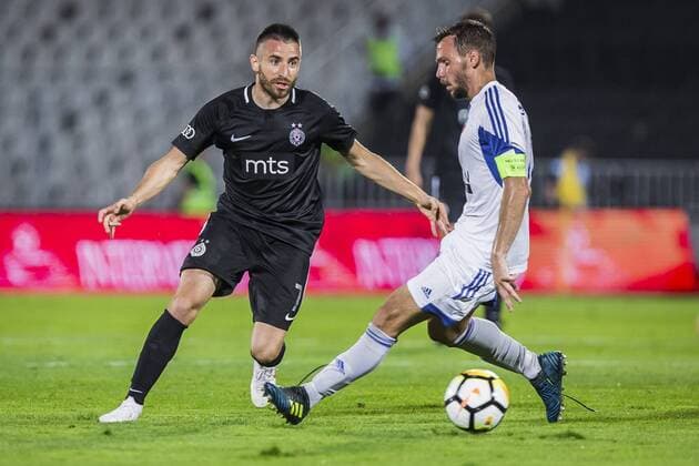 19th July 2018, Partizan Stadium, Belgrade, Serbia; UEFA Europa League football, first qualifying round, 2nd leg, Partizan versus Rudar Pljevlja; Milija Golubovic of Rudar Pljevlja is nutmegged  ActionPlus12048892 NikolaxKrstic