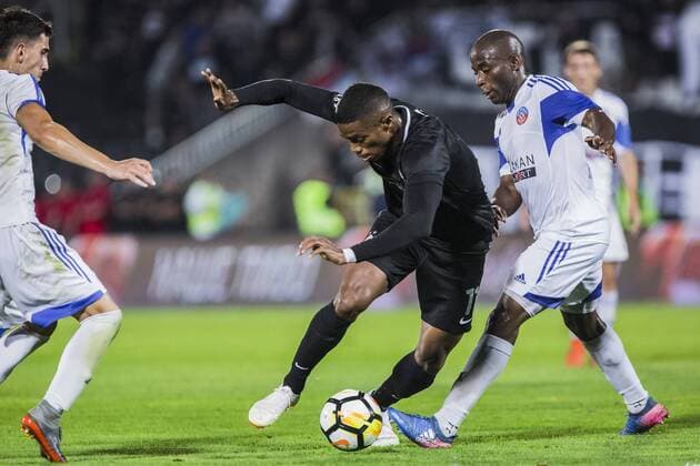 19th July 2018, Partizan Stadium, Belgrade, Serbia; UEFA Europa League football, first qualifying round, 2nd leg, Partizan versus Rudar Pljevlja; Ricardo of Partizan in action against Alphonse Soppo of Rudar Pljevlja  ActionPlus12048902 NikolaxKrstic
