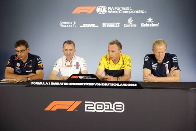 Formel 1, GP Deutschland, Pressekonferenz Photo4 LaPresse 20 07 2018 Hockenheimring, Germany Grand Prix Formula One Germany 2018 In the pic: Team manager press conference PK Pressekonferenz Pierre Wach& xe8; Red Bull, Paddy Lowe (GBR), Williams chief technical officer Robert Bell (GBR) Allan Simonsen (AUS) Ferrari 430 GT, Virgo Motorsport Robert Green Force india.  Copyright: xPhoto4 LaPressex