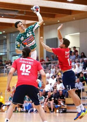BAU 20 7 2018 Leinfelden Echterdingen Handball FRESH ON Göppingen vs SG BBM Bietigheim top Nemanja Zelenovic Göppingen down v Patrick Weber Michael Oehler BBM