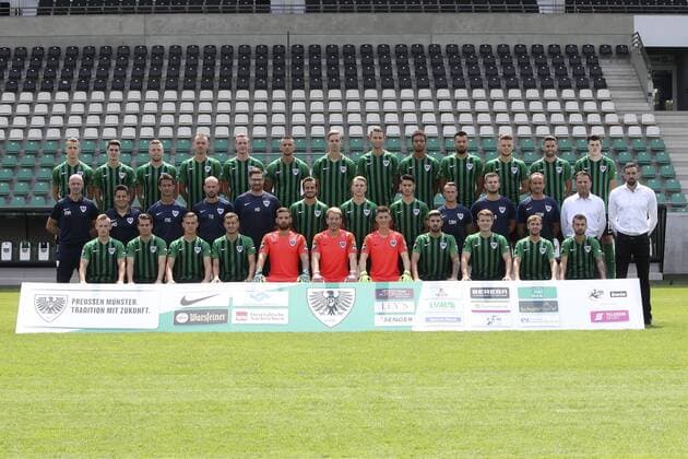 SC Prussia 06 Münster 3 League Portrait date 2018 2019 Team photo hi Series v left Julian Conze Danilo Wiebe Fabian Menig Ole Kittner Simon Scherder Rene Klingenburg Jannik Borgmann Dominik Lanius Cyrill Akono Rufat Dadashov Lion Schweers Philipp Hoffmann Tobias Warschewski 2 Series left Marco Antwerp Coach Kurtulus Öztürk Co Coach Milenko Gilic Goalkeeping coach Tim Geidies Athletic coach Helge Dahms Team mate Sandrino Braun Niklas Heidemann Ugur Tezel Christian Krabbe Physiotherapist Lukas Brüggemann Physiotherapist Cornelius Müller Rensmann Team doctor Harald Menzel Team manager Malte Metzelder Managing director Sport Front row left Adrian Knüver Philipp Müller Martin Kobylanski Benjamin Black Oliver Schnitzler Maximilian Schulze Niehues Marian Prince Moritz Heinrich Tobias Rühle Lucas Cueto Kevin Rodrigues Pires Copyright: xKirchner Inderliedx