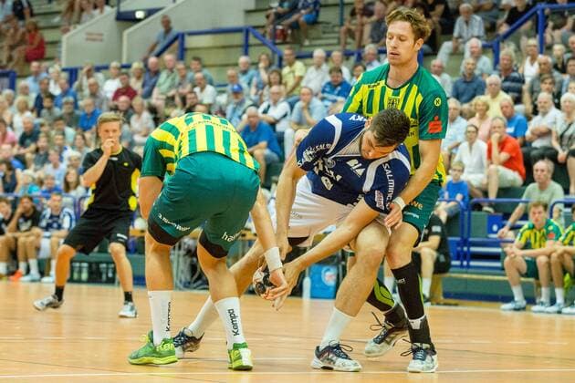 Leos Petrovsky 6 Bergischer HC in attack against Dominick Waldhof 26 VfL Eintracht Hagen and Jonas Dell 24 VfL Eintracht Hagen Bergischer HC vs VfL Eintracht Hagen Handball Test match 21 07 18 Solingen NRW Germany Klingenhalle Copyright: xdnet_cdnx