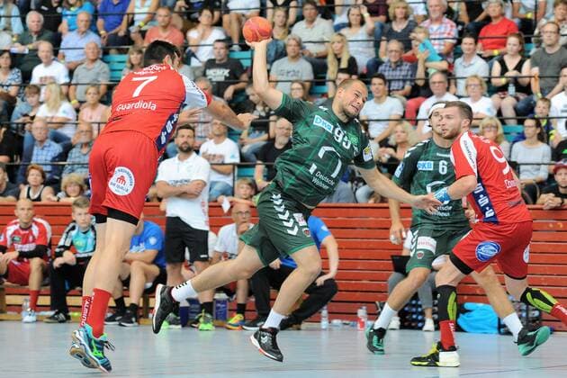 Paul Drux Fuechse Berlin 95 against Isaias Guardiola TBV Lemgo 7 Handball Mens Preparatory Tournament Esslinger Markplatzturniers Final 21 07 2018 Photo TBaur Eibner Fuechse Berlin vs TBV Lemgo Esslingen Copyright: xEIBNER TobiasxBaurx EP_TBR