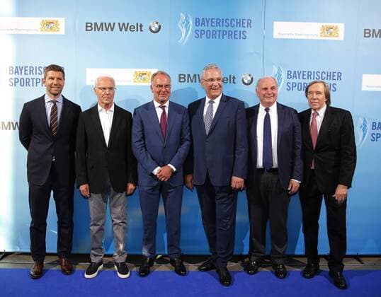 Franz Beckenbauer is awarded sportsman of Bavaria Franz Beckenbauer is awarded Sportsman of the Century from left Thomas Hitzlsperger Franz Beckenbauer Karl Heinz Rummenigge Minister of the Interior Joachim Herrmann and Uli Hoeneß Günter Netzer Münchdn Bavaria Germany BMW Welt