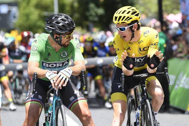 Sport Themen der Woche KW29 Sport Bilder des Tages CARCASSONNE, FRANCE - JULY 22 : SAGAN Peter (SVK) of Bora - Hansgrohe and THOMAS Geraint (GBR) of Team SKY during stage 15 of the 105th edition of the 2018 Tour de France cycling race, a stage of 181.5 kms between Millau and Carcassonne on July 22, 2018 in Carcassonne, France, 22 07 18 CYCLISME : Tour de France 2018 - Millau to Carcassonne - Etape 15 - 22 07 2018 PHOTONEWS PANORAMIC 