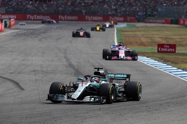 Photo4 LaPresse 22 07 2018 Hockenheimring, Germany Grand Prix Formula One Germany 2018 In the pic: Lewis Hamilton (GBR) Mercedes AMG F1 W09 leads Sergio Perez (MEX) Sahara Force India F1 VJM011  Copyright: xPhoto4 LaPressex