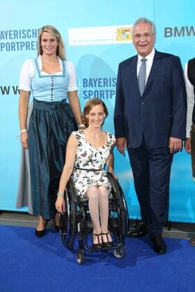 Joachim Herrmann with Natalie Geisenberger and Anna Schaffelhuber Bavarian Sports Award 2018 in the BMW Welt in Munich on 21 07 2018