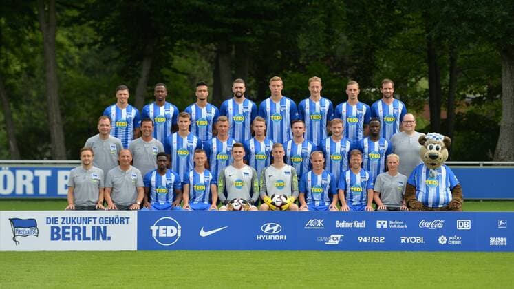Soccer Gentlemen Regionalliga Nord Ost Season 2018 19 Hertha BSC II Team and portrait photos Top row left Nikos Zografakis Will Siakam Maurice Klehr Lukas Kraeft Anthony Roczen Florian Krebs Maximilian Storm Rico Morack Mid row left Karsten Leyke Assistant coach Ante Covic Head coach Niko Koulis Gordon Buch Niko Bretschneider Fabio Maxwellborn Goalkeeping coach Andreas Thom Individual trainer Irwin Pfeiffer Nils Blumberg Niclas Wild Maxim Hertel Max Mulack Tony Fuchs Claudia Wallenta Athletics coach Herthinho 22 07 18 Copyright: xMichaelxHundtx xMatthiasxKochx