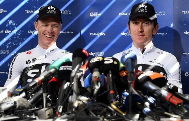 Sport Themen der Woche KW30 Sport Bilder des Tages CARCASSONNE, FRANCE - JULY 23 : FROOME Chris (GBR) of Team SKY & THOMAS Geraint (GBR) of Team SKY during the Sky press conference PK Pressekonferenz on the second restday of the 105th edition of the 2018 Tour de France cycling race on July 23, 2018 in Carcassonne, France, 23 07 2018 CYCLISME : Tour de France - Carcassonne - 23 07 2018 PhotoNews Panoramic 