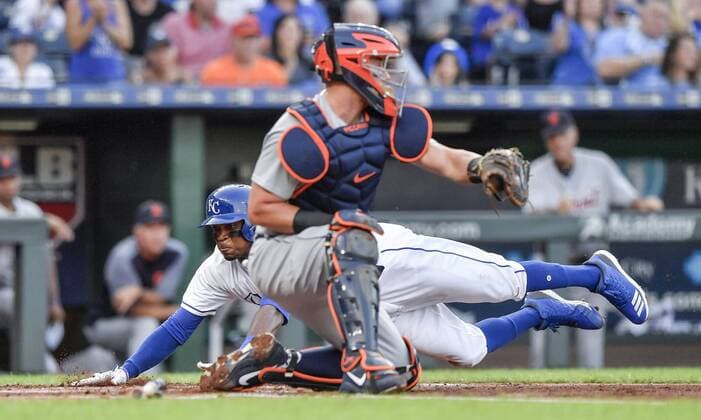 July 23, 2018 - Kansas City, MO, USA - Kansas City Royals Rosell Herrera scores before the tag from Detroit Tigers catcher James McCann on a two run single by Lucas Duda in the first inning during Monday s baseball game on July 23, 2018 at Kauffman Stadium in Kansas City, Mo. Tigers vs Rangers - ZUMAm67_ 20180723_zaf_m67_007 Copyright: xJohnxSleezerx