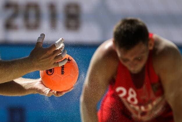 KAZAN, RUSSIA - JULY 24, 2018: A beach handball match between Russia and Sweden at the 2018 IHF Menâ€™s and Womenâ€™s Beach Handball World Championships held in Kazan. Yegor Aleyev TASS  TS08A8B2