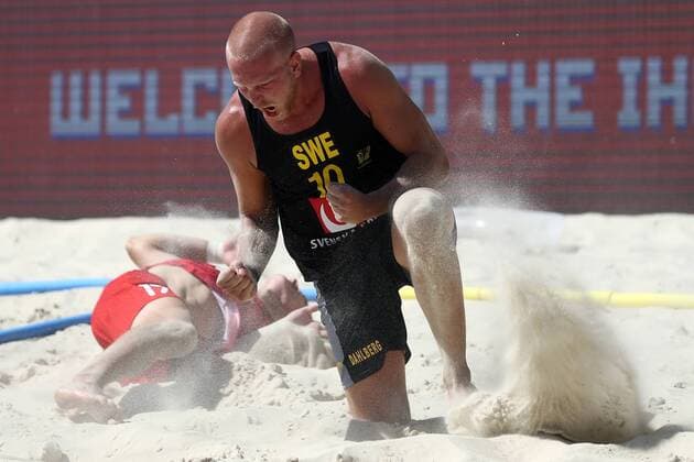 KAZAN, RUSSIA - JULY 24, 2018: Sweden s Henrik Dahlberg in action in a beach handball match against Russia at the 2018 IHF Menâ€™s and Womenâ€™s Beach Handball World Championships held in Kazan. Yegor Aleyev TASS  TS08A8B6