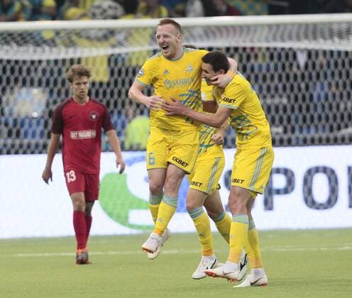 Kleinheisler vie for the ball during the UEFA Champions League second qualifying round first leg football match between FC Astana and FC Midtjylland in Astana on July 24, 2018. , Denmark  Copyright: ALEXEIxFILIPPOVx cop108 spdk20180724-172054-L