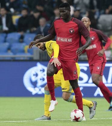 FCMS Gustav Wikheim and Rukavina vie for the ball during the UEFA Champions League second qualifying round first leg football match between FC Astana and FC Midtjylland in Astana on July 24, 2018. , Denmark  Copyright: ALEXEIxFILIPPOVx cop108 spdk20180724-172503-L