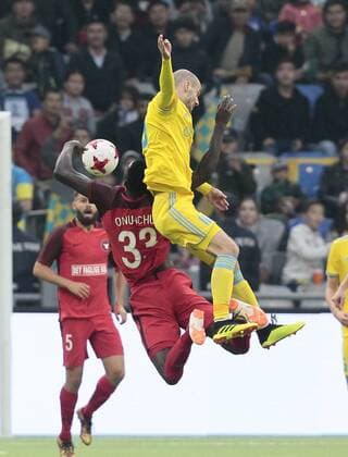 FCMs Paul Onuachu and Maevski vie for the ball during the UEFA Champions League second qualifying round first leg football match between FC Astana and FC Midtjylland in Astana on July 24, 2018. , Denmark  Copyright: ALEXEIxFILIPPOVx cop108 spdk20180724-172512-L