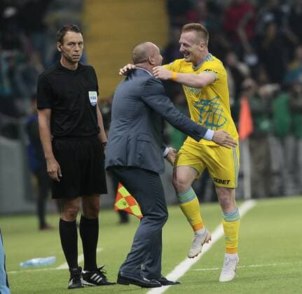 Kleinheisler vie for the ball during the UEFA Champions League second qualifying round first leg football match between FC Astana and FC Midtjylland in Astana on July 24, 2018. , Denmark  Copyright: ALEXEIxFILIPPOVx cop108 spdk20180724-172758-L