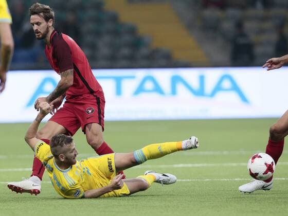 FCM s Kian Hansen and Henrique vie for the ball during the UEFA Champions League second qualifying round first leg football match between FC Astana and FC Midtjylland in Astana on July 24, 2018. , Denmark  Copyright: ALEXEIxFILIPPOVx cop108 spdk20180724-172806-L
