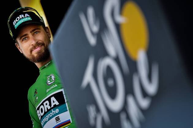 Slovak Peter Sagan of Bora-Hansgrohe celebrates on the podium in the green jersey of leader in the sprint ranking after the 16th stage of the 105th edition of the Tour de France cycling race, 218km from Carcassone to Bagneres-de-Luchon, France, Tuesday 24 July 2018. This year s Tour de France takes place from July 7th to July 29th. - FRANCE OUT DAVIDxSTOCKMAN  x05391969x