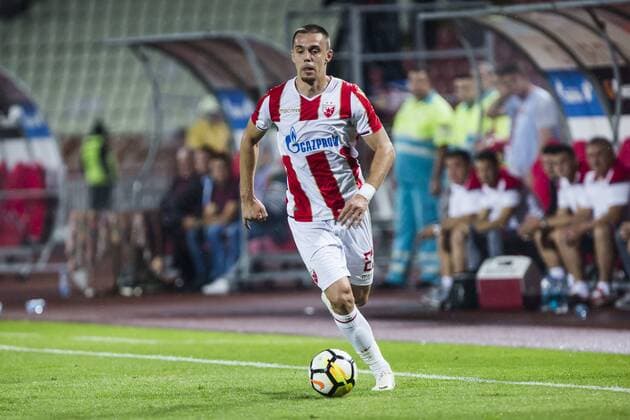 24th July 2018, Rajko Mitic Stadium, Belgrade, Serbia; UEFA Champions League, second qualifying round, 1st leg, Red Star Belgrade versus FK Suduva; Milan Rodic of Red Star Belgrade comes forward on the ball  ActionPlus12050296 NikolaxKrstic