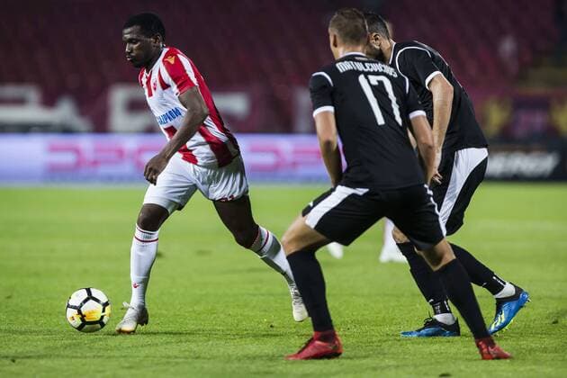 24th July 2018, Rajko Mitic Stadium, Belgrade, Serbia; UEFA Champions League, second qualifying round, 1st leg, Red Star Belgrade versus FK Suduva; El Fardou Ben Nabouhane of Red Star Belgrade comes forward on the ball  ActionPlus12050308 NikolaxKrstic